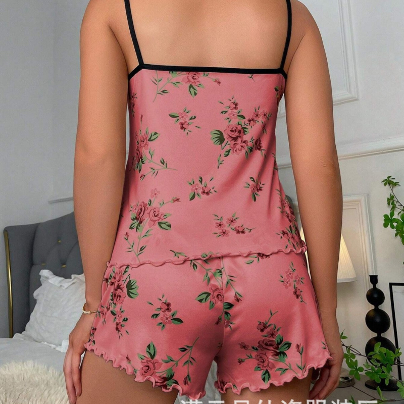 Ženski dvodijelni pijama set od milk silk s poliestrom, lagana tkanina 161–180 g/m2, okrugli ovratnik, bez rukava, kratke hlače