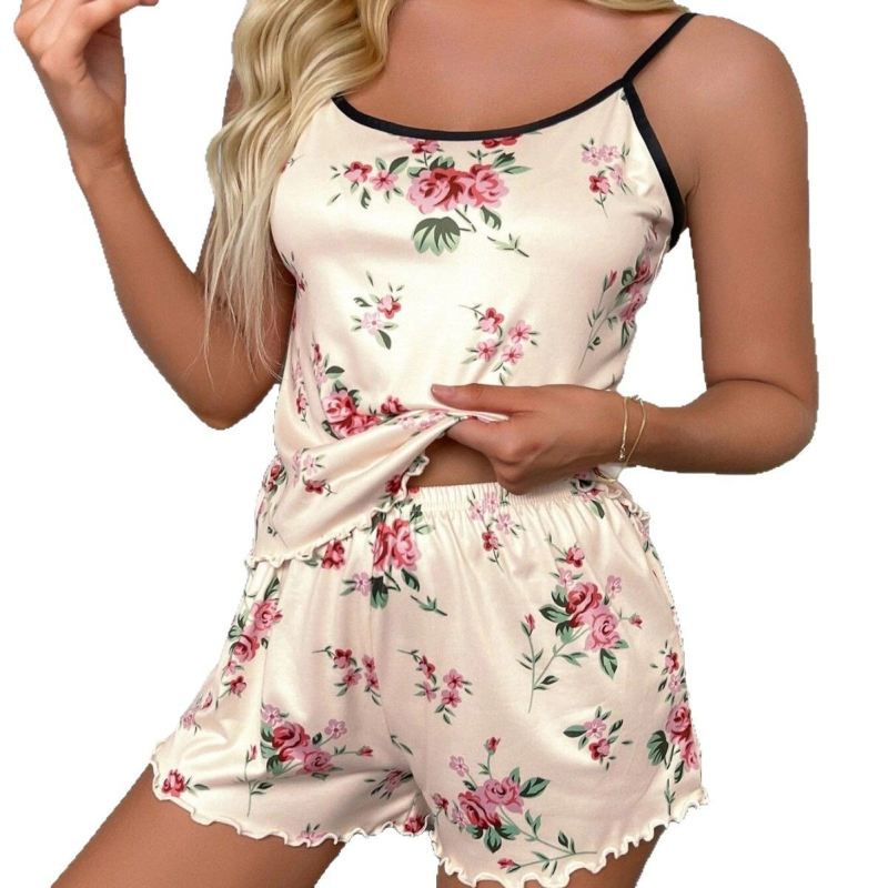 Ženski dvodijelni pijama set od milk silk s poliestrom, lagana tkanina 161–180 g/m2, okrugli ovratnik, bez rukava, kratke hlače