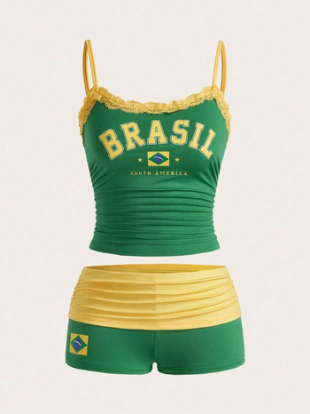 Crop top bez rukávov s potlačou písmen a nohavice po kolená trištvrtinovej dĺžky, polyester, leto 2025