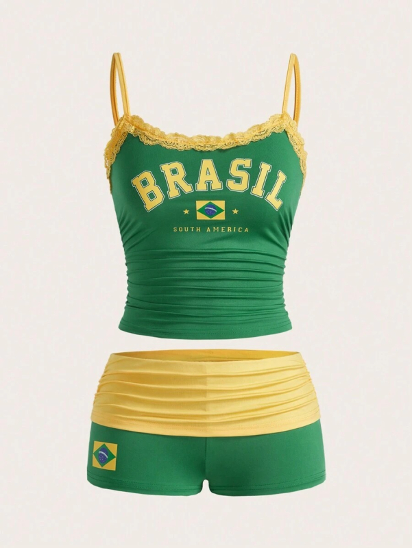 Crop top bez rukávov s potlačou písmen a nohavice po kolená trištvrtinovej dĺžky, polyester, leto 2025