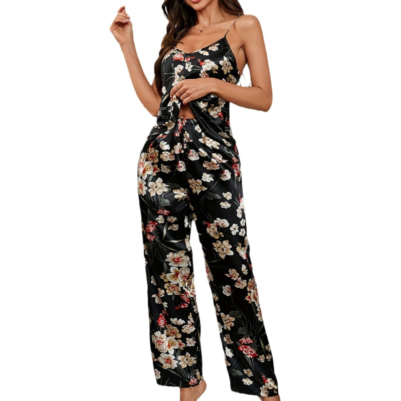 Dámsky potlačený ice silk dvojdielny pyžamový set — top bez rukávov s V výstrihom a extrém tenké nohavice, 100% polyester