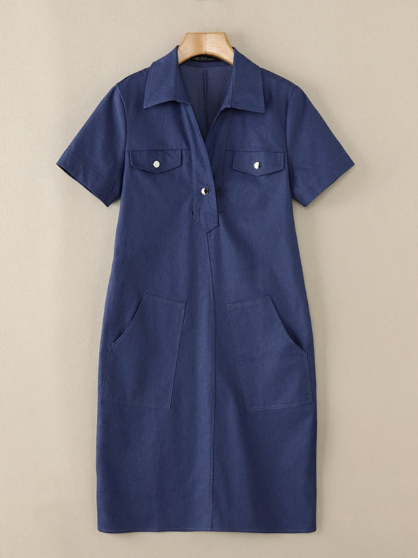 Denim ingruha gallérral, rövid ujjú, zsebekkel, gombokkal, középméretű hossz