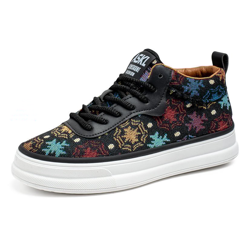 Vyrų drobės bateliai — spalvų blokų raštas, raišteliai, viršutinio bato aukštis: vidutinio aukščio, nosies forma: apvali (Viršus: drobė; Raštas: spalvų blokai; Užsegimas: raišteliai; Viršutinė dalis: vidutinio aukščio; Nosies forma: apvali)