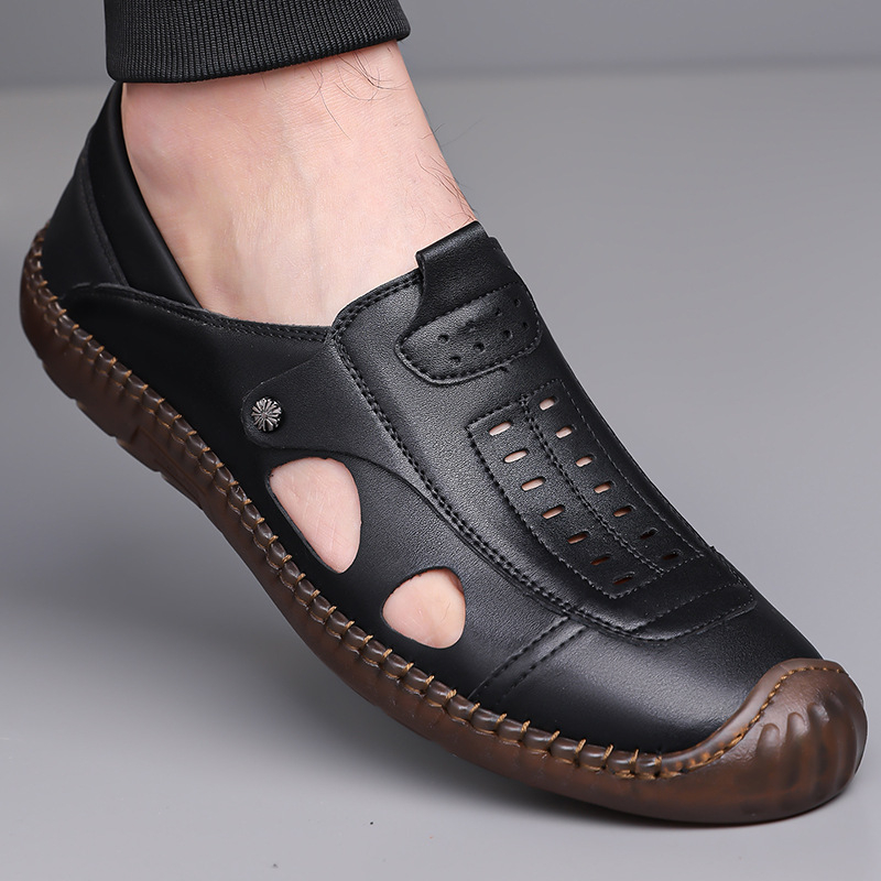 Loafers pentru bărbați perforați, respirabili, cu talpă moale din cauciuc, vârf rotund, toc mic 1–3 cm, căptușeală din textile