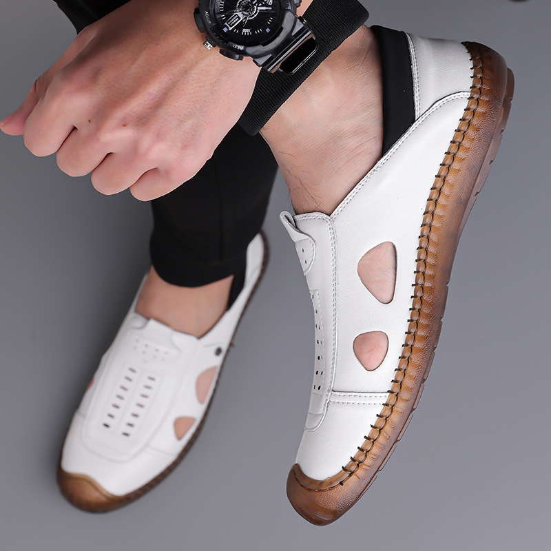 Loafers pentru bărbați perforați, respirabili, cu talpă moale din cauciuc, vârf rotund, toc mic 1–3 cm, căptușeală din textile