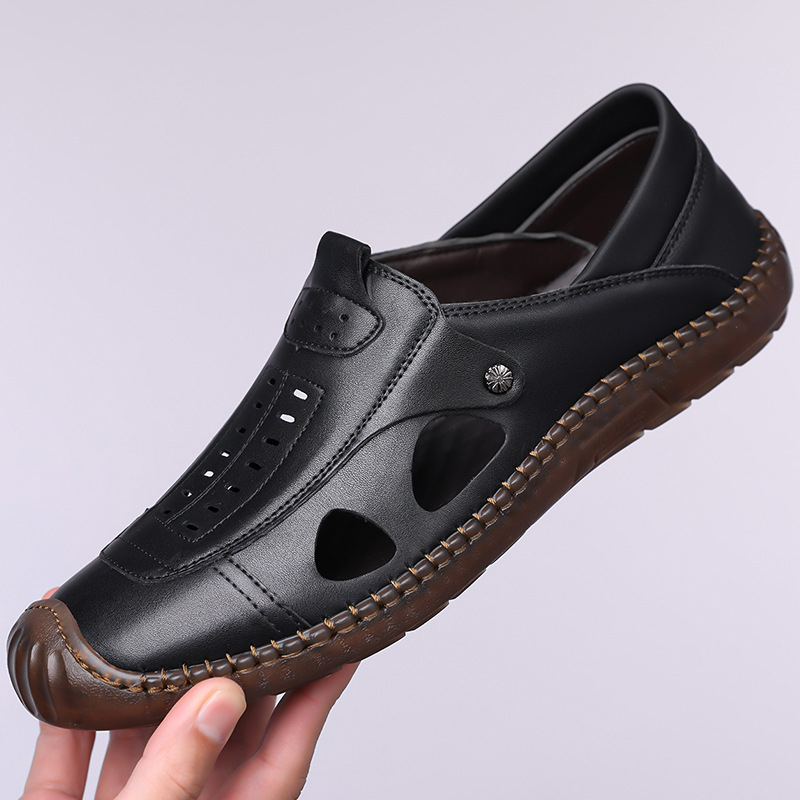Loafers pentru bărbați perforați, respirabili, cu talpă moale din cauciuc, vârf rotund, toc mic 1–3 cm, căptușeală din textile