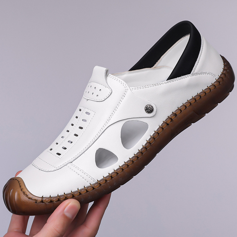 Loafers pentru bărbați perforați, respirabili, cu talpă moale din cauciuc, vârf rotund, toc mic 1–3 cm, căptușeală din textile