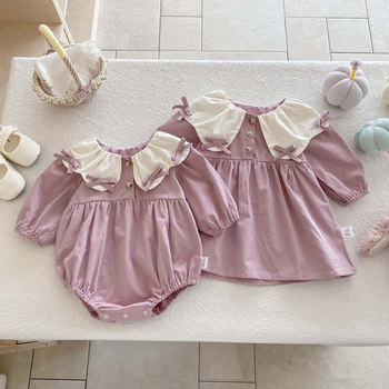 Памучен бебешки гащеризон с сладка панделка и голяма яка, дълги ръкави, 100% памук, за новородени 0–1 година, скрито закопчаване, есен 2025