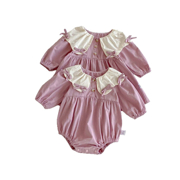 Памучен бебешки гащеризон с сладка панделка и голяма яка, дълги ръкави, 100% памук, за новородени 0–1 година, скрито закопчаване, есен 2025