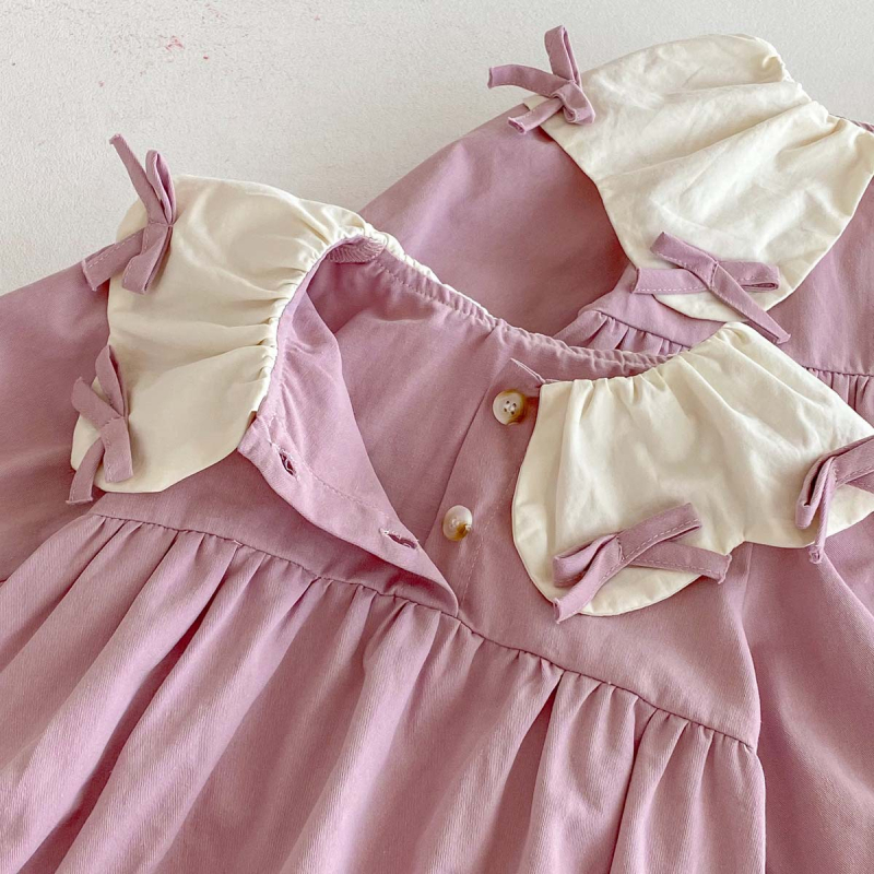 Памучен бебешки гащеризон с сладка панделка и голяма яка, дълги ръкави, 100% памук, за новородени 0–1 година, скрито закопчаване, есен 2025