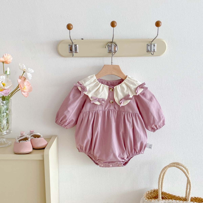 Памучен бебешки гащеризон с сладка панделка и голяма яка, дълги ръкави, 100% памук, за новородени 0–1 година, скрито закопчаване, есен 2025