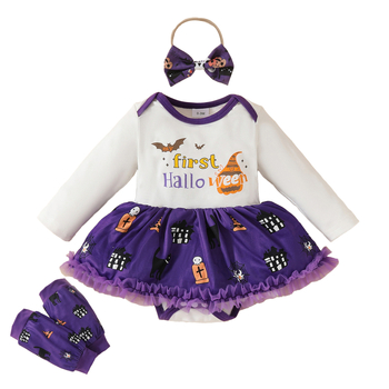 Хелоуин 3 части комплект за бебе момиче: памучен гащеризон с дълъг ръкав и крачета, лента за коса