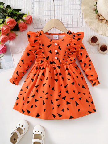Dječja haljina – Princes stil, dugi rukavi, geometrijski uzorak, pamuk s 60% poliesterom, A‑linijskog kroja, za dob 1–3 godine, jesen 2023