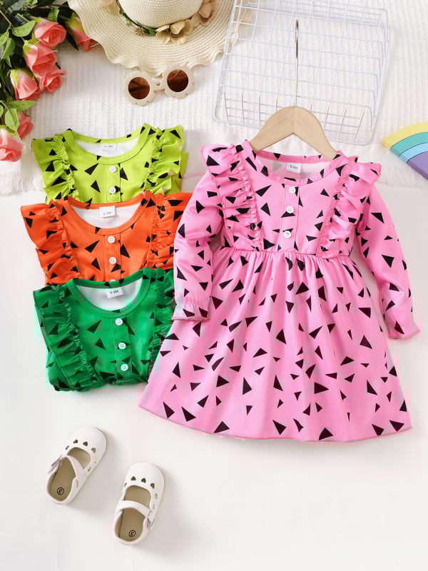 Dječja haljina – Princes stil, dugi rukavi, geometrijski uzorak, pamuk s 60% poliesterom, A‑linijskog kroja, za dob 1–3 godine, jesen 2023