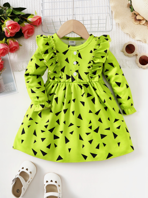 Dječja haljina – Princes stil, dugi rukavi, geometrijski uzorak, pamuk s 60% poliesterom, A‑linijskog kroja, za dob 1–3 godine, jesen 2023