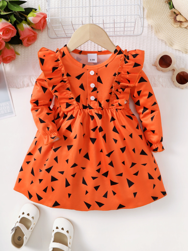 Dječja haljina – Princes stil, dugi rukavi, geometrijski uzorak, pamuk s 60% poliesterom, A‑linijskog kroja, za dob 1–3 godine, jesen 2023