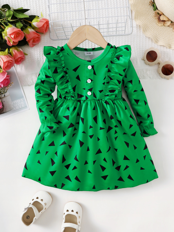 Dječja haljina – Princes stil, dugi rukavi, geometrijski uzorak, pamuk s 60% poliesterom, A‑linijskog kroja, za dob 1–3 godine, jesen 2023