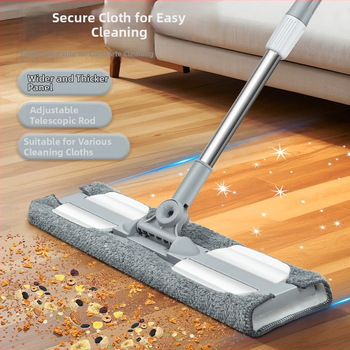 Plakanā mop ar auduma pārklājumu mājas lietošanai, sausai un mitrai tīrīšanai, nerūsējošā tērauda stienis, skavas tipa putekļu presētājs, 60-80% jauns plastmasas materiāls