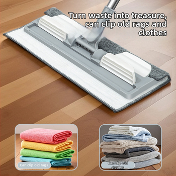 Plakanā mop ar auduma pārklājumu mājas lietošanai, sausai un mitrai tīrīšanai, nerūsējošā tērauda stienis, skavas tipa putekļu presētājs, 60-80% jauns plastmasas materiāls