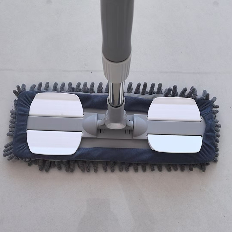 Plakanā mop ar auduma pārklājumu mājas lietošanai, sausai un mitrai tīrīšanai, nerūsējošā tērauda stienis, skavas tipa putekļu presētājs, 60-80% jauns plastmasas materiāls