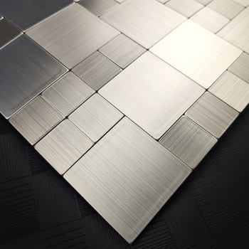 Plăcuță mozaică pentru perete din oțel inoxidabil, aspect periat - autocolantă, fără rosturi, cu bază aluminiu-plastic, pentru bucătărie și baie