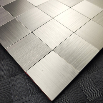 Plăcuță mozaică pentru perete din oțel inoxidabil, aspect periat - autocolantă, fără rosturi, cu bază aluminiu-plastic, pentru bucătărie și baie