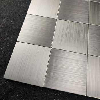 Plăcuță mozaică pentru perete din oțel inoxidabil, aspect periat - autocolantă, fără rosturi, cu bază aluminiu-plastic, pentru bucătărie și baie