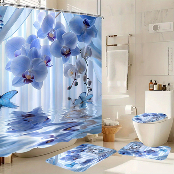 Vonios kambario komplektas iš keturių dalių su drugelio orchidės motyvu; poliesteris; šiuolaikiškas paprastas stilius; spaudinėtas raštas; logotipo spausdinimas galimas