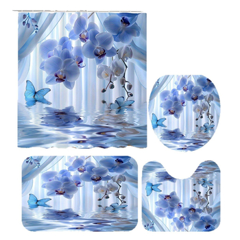 Vonios kambario komplektas iš keturių dalių su drugelio orchidės motyvu; poliesteris; šiuolaikiškas paprastas stilius; spaudinėtas raštas; logotipo spausdinimas galimas