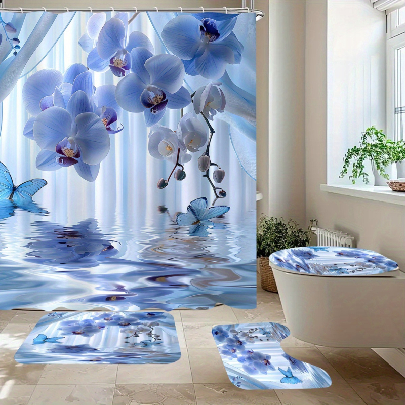 Vonios kambario komplektas iš keturių dalių su drugelio orchidės motyvu; poliesteris; šiuolaikiškas paprastas stilius; spaudinėtas raštas; logotipo spausdinimas galimas