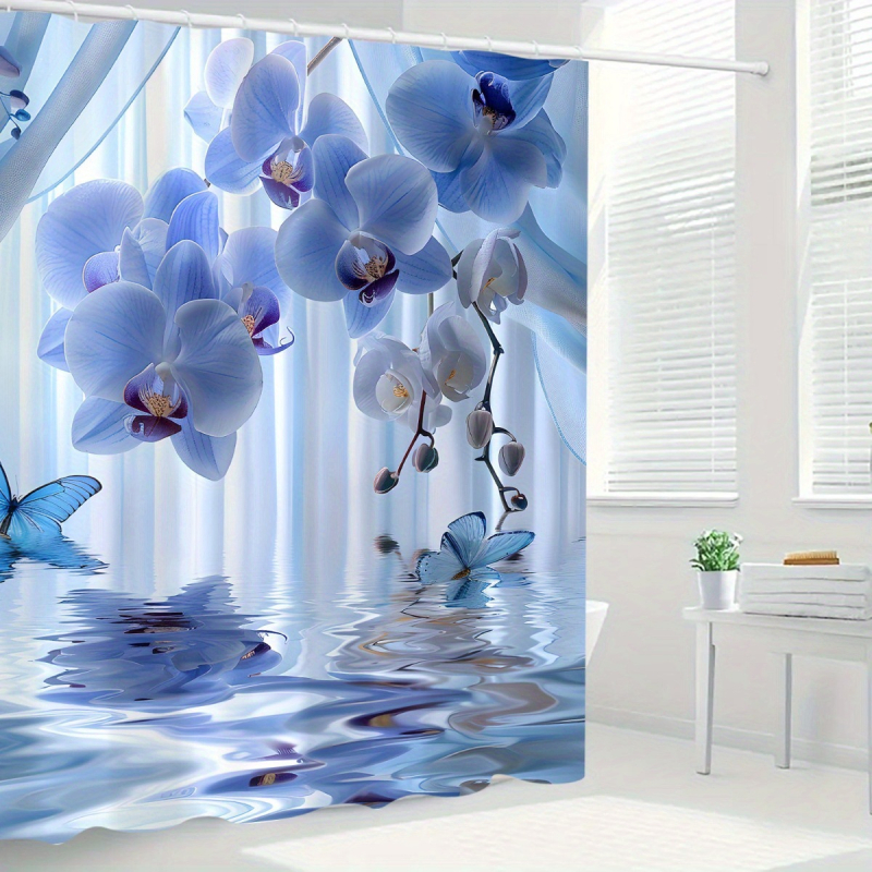 Vonios kambario komplektas iš keturių dalių su drugelio orchidės motyvu; poliesteris; šiuolaikiškas paprastas stilius; spaudinėtas raštas; logotipo spausdinimas galimas