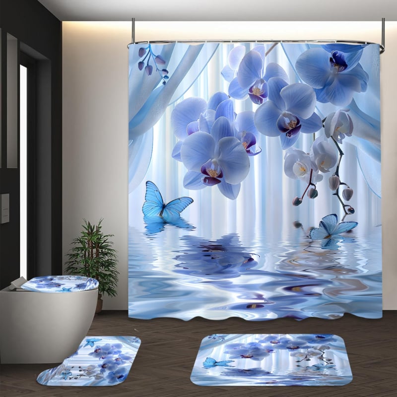 Vonios kambario komplektas iš keturių dalių su drugelio orchidės motyvu; poliesteris; šiuolaikiškas paprastas stilius; spaudinėtas raštas; logotipo spausdinimas galimas