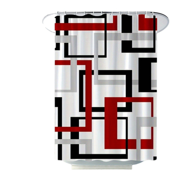 Geometrinių linijų vonios kambario 4 dalių rinkinys, poliesteris, šiuolaikiškas minimalistinis stilius – įtrauktas neslidus vonios kilimėlis, vonios kilimėlis, grindų kilimėlis ir dušo užuolaida