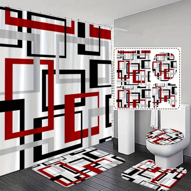 Geometrinių linijų vonios kambario 4 dalių rinkinys, poliesteris, šiuolaikiškas minimalistinis stilius – įtrauktas neslidus vonios kilimėlis, vonios kilimėlis, grindų kilimėlis ir dušo užuolaida