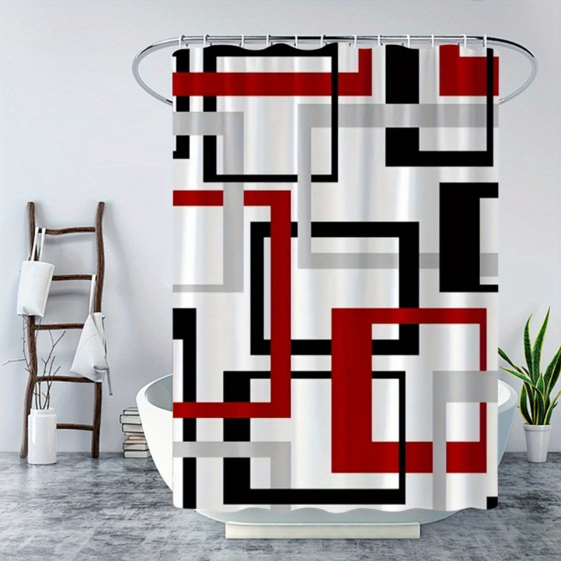 Geometrinių linijų vonios kambario 4 dalių rinkinys, poliesteris, šiuolaikiškas minimalistinis stilius – įtrauktas neslidus vonios kilimėlis, vonios kilimėlis, grindų kilimėlis ir dušo užuolaida