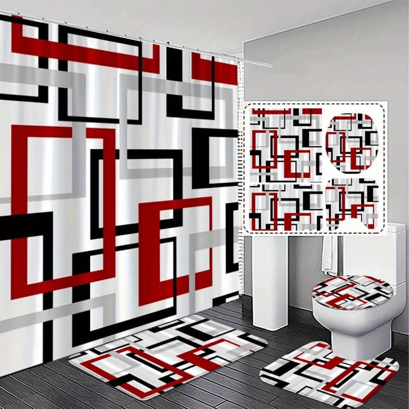 Geometrinių linijų vonios kambario 4 dalių rinkinys, poliesteris, šiuolaikiškas minimalistinis stilius – įtrauktas neslidus vonios kilimėlis, vonios kilimėlis, grindų kilimėlis ir dušo užuolaida