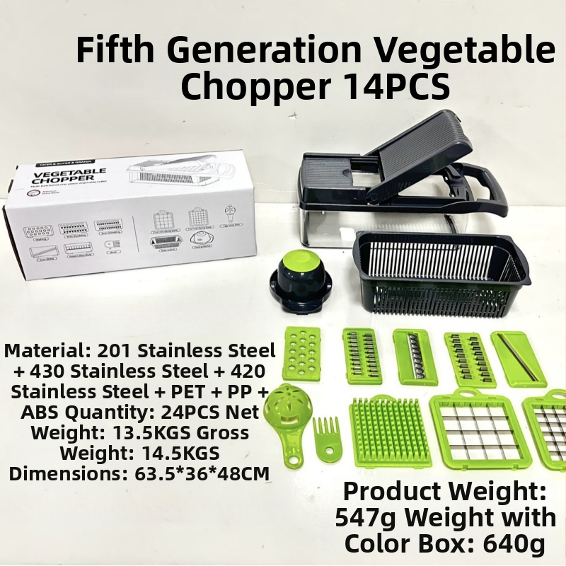 14 dalių daugiakomponentinis daržovių pjaustymo ir tarkavimo rinkinys – skirtas bulvėms tarkuoti, daržovių pjaustymui, kubeliais ir griežinėliais