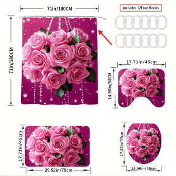 Vonios keturių dalių rinkinys su šiuolaikišku minimalistiniu stiliumi ir rožių raštu, poliesterio medžiaga