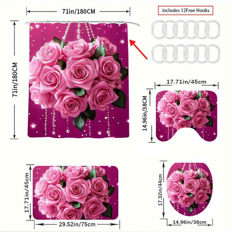 Vonios keturių dalių rinkinys su šiuolaikišku minimalistiniu stiliumi ir rožių raštu, poliesterio medžiaga