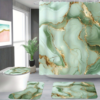 Vonios kambario keturių dalių rinkinys - poliesteris, atsparus vandeniui, dušo užuolaida su marmuro tekstūra, grindų kilimėlis ir tualeto kilimėlis