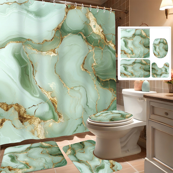 Vonios kambario keturių dalių rinkinys - poliesteris, atsparus vandeniui, dušo užuolaida su marmuro tekstūra, grindų kilimėlis ir tualeto kilimėlis