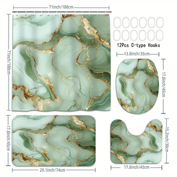Vonios kambario keturių dalių rinkinys - poliesteris, atsparus vandeniui, dušo užuolaida su marmuro tekstūra, grindų kilimėlis ir tualeto kilimėlis