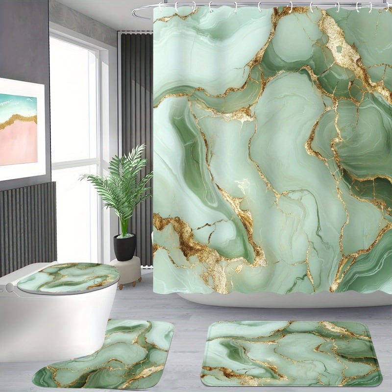 Vonios kambario keturių dalių rinkinys - poliesteris, atsparus vandeniui, dušo užuolaida su marmuro tekstūra, grindų kilimėlis ir tualeto kilimėlis