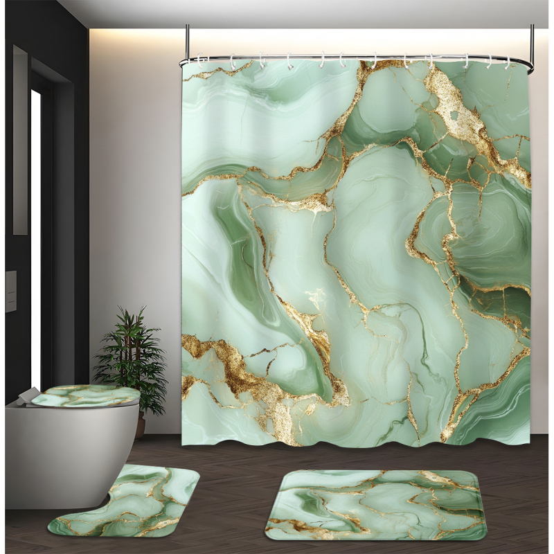 Vonios kambario keturių dalių rinkinys - poliesteris, atsparus vandeniui, dušo užuolaida su marmuro tekstūra, grindų kilimėlis ir tualeto kilimėlis