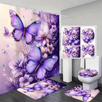 Vonios komplektas: dušo uždanga, neslystantis grindų kilimėlis, tualeto kilimėlis; poliesteris, gėlių piešinys, šiuolaikinis minimalistinis stilius, pritaikomas.