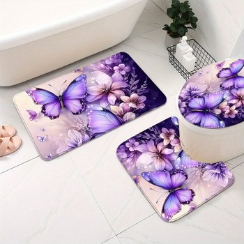 Vonios komplektas: dušo uždanga, neslystantis grindų kilimėlis, tualeto kilimėlis; poliesteris, gėlių piešinys, šiuolaikinis minimalistinis stilius, pritaikomas.