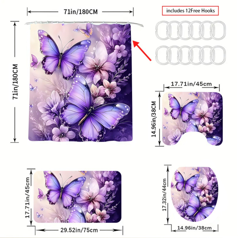 Vonios komplektas: dušo uždanga, neslystantis grindų kilimėlis, tualeto kilimėlis; poliesteris, gėlių piešinys, šiuolaikinis minimalistinis stilius, pritaikomas.