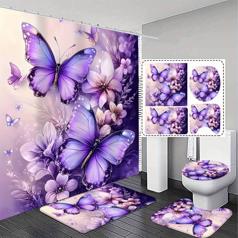 Vonios komplektas: dušo uždanga, neslystantis grindų kilimėlis, tualeto kilimėlis; poliesteris, gėlių piešinys, šiuolaikinis minimalistinis stilius, pritaikomas.