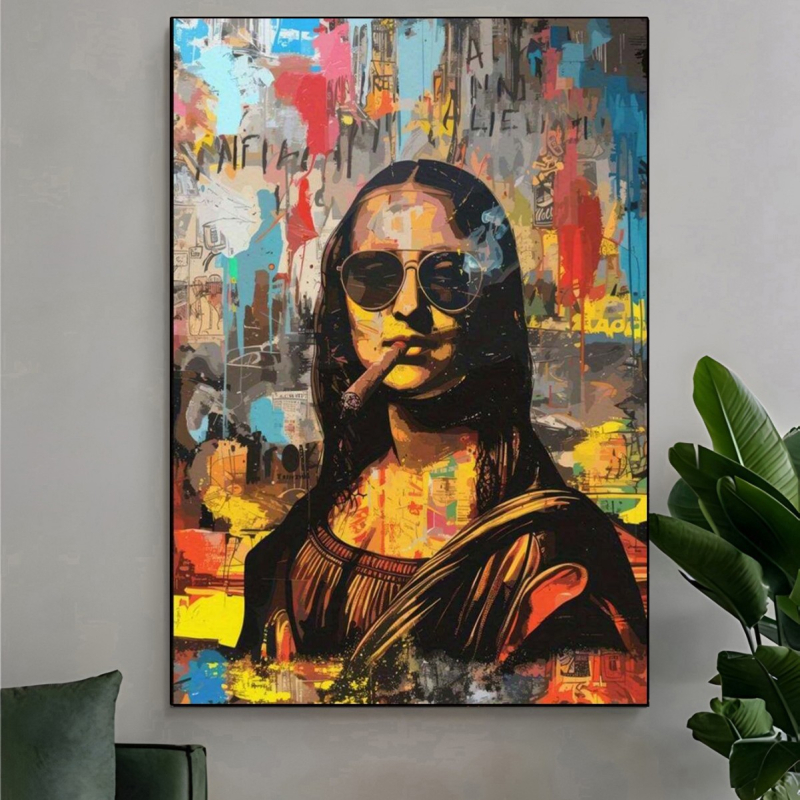 Art Deco Mona Lisa drobės atvaizdas — įrėminta drobė su kietu mediniu rėmu, inkjet spausdinimas, peizažo ir gėlių motyvas, tinkamas svetainei ir miegamajam