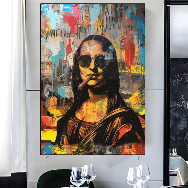 Art Deco Mona Lisa drobės atvaizdas — įrėminta drobė su kietu mediniu rėmu, inkjet spausdinimas, peizažo ir gėlių motyvas, tinkamas svetainei ir miegamajam